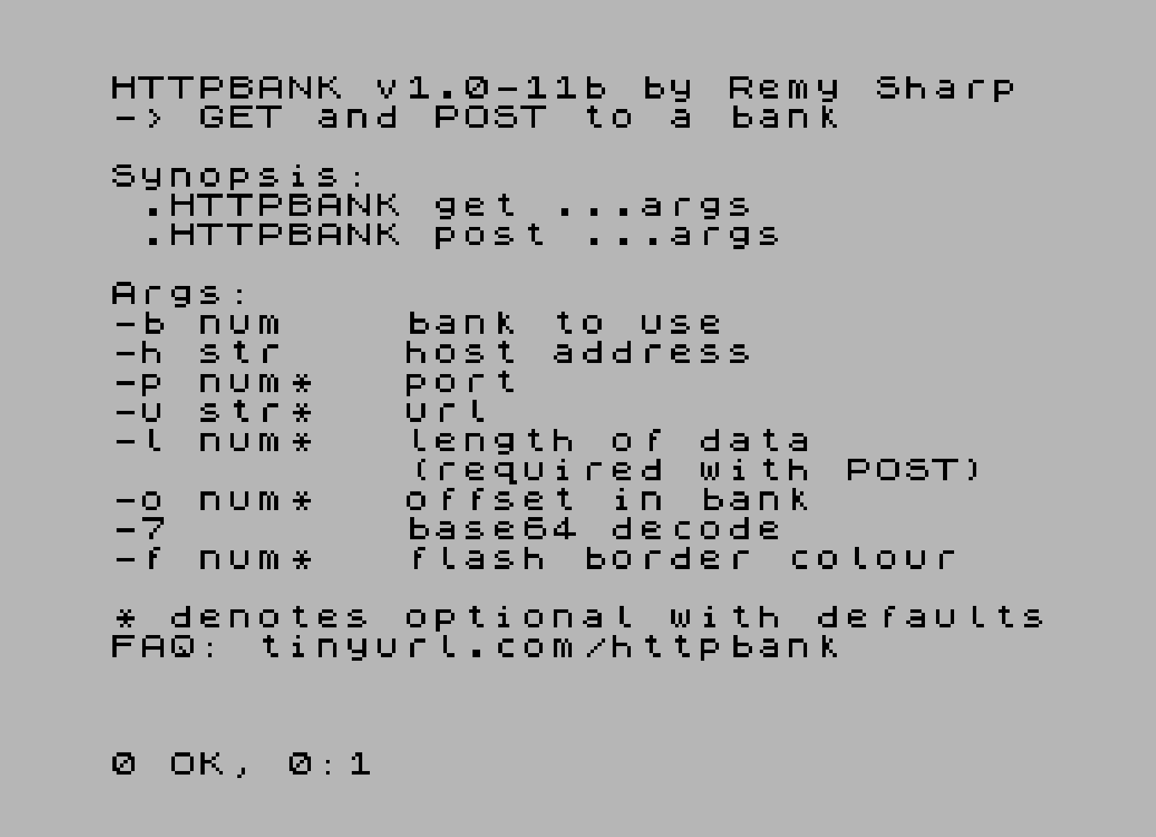 Screenshot of the help screen to httpbank