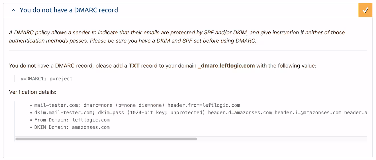 A screenshot of the recommendation to add a DMARC record where p=reject