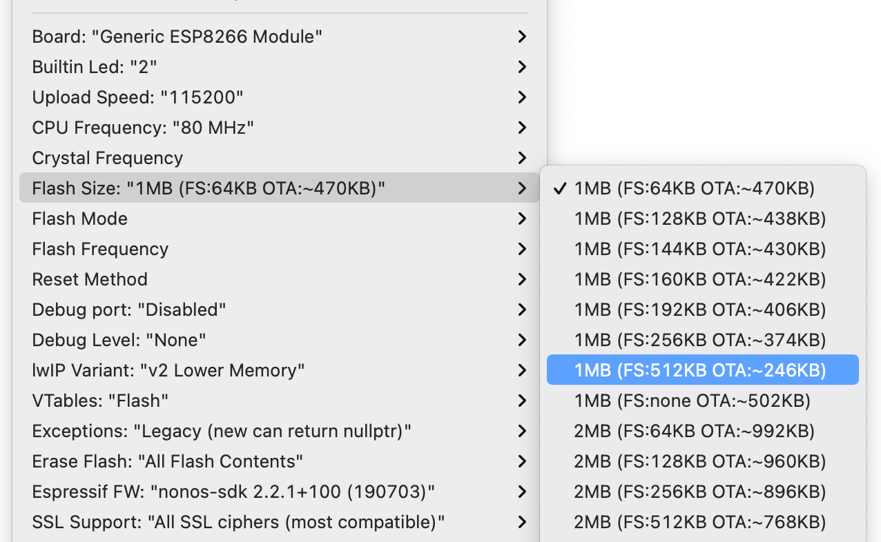 The file system options on the ESP 01