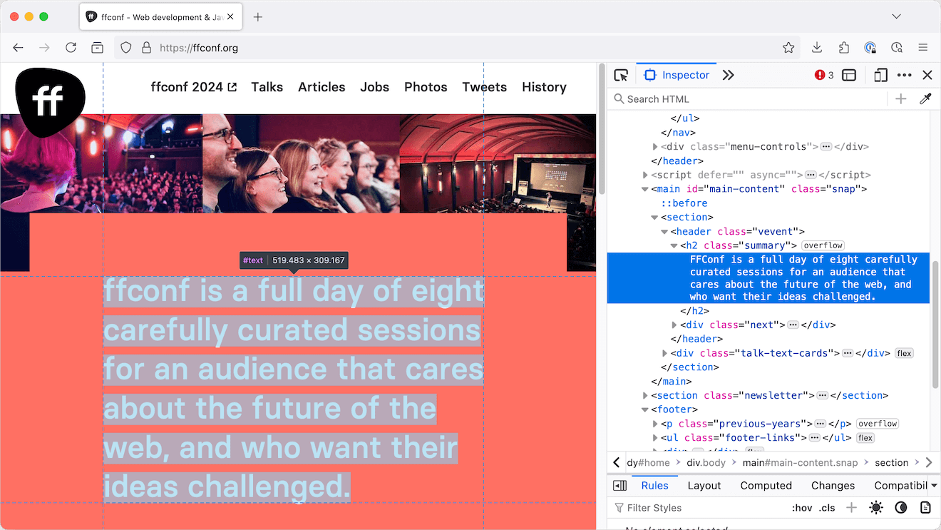 A screenshot of the FFConf web site and the DOM inspector open showing the text verses the visual representation of the text