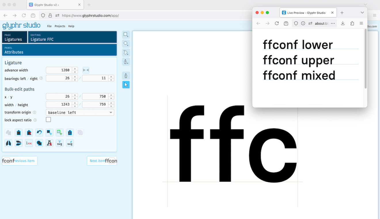 Screenshot of Glyphr Studio and editing a single ligature