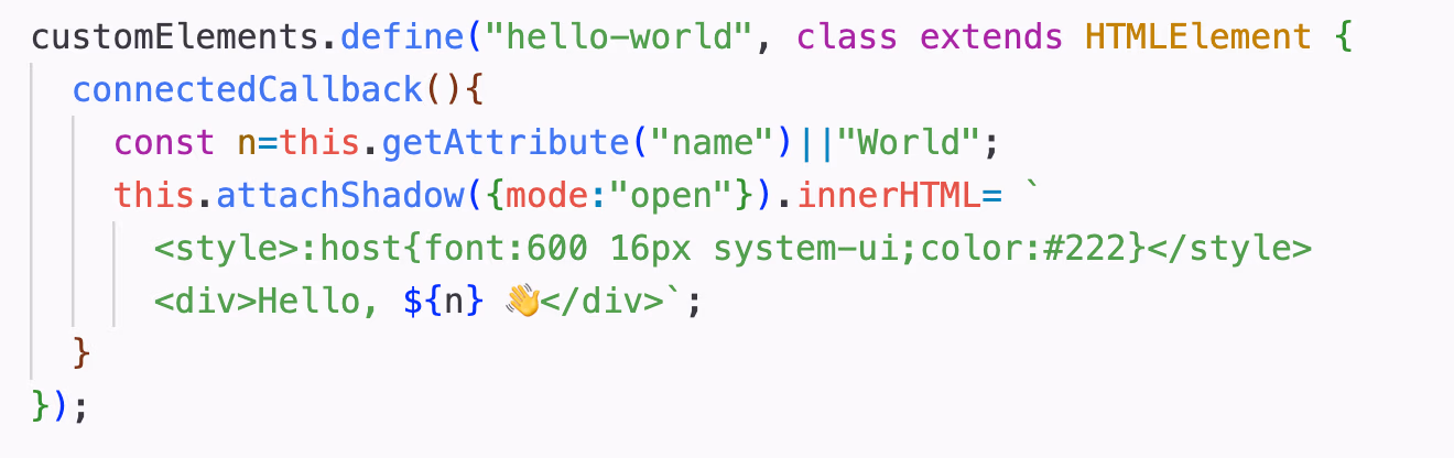 Although the JavaScript is highlighted, the string of markup applied to the innerHTML is all in green