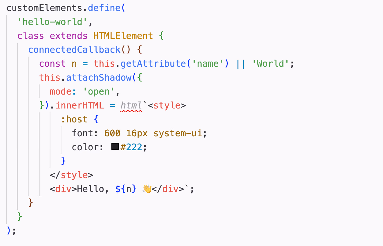 The syntax is nice and tidy now using a tag function, but my linting is highlighted that the html function is missing